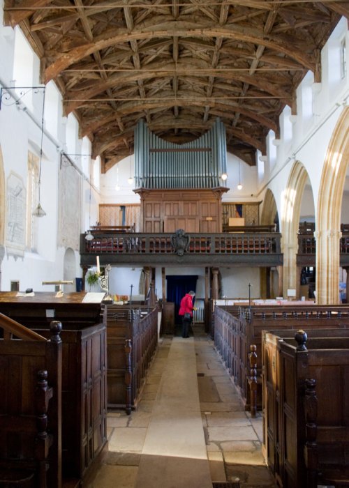 The nave, St Mary's church. Note the box pews, the choir gallery, and the fine timber roof.